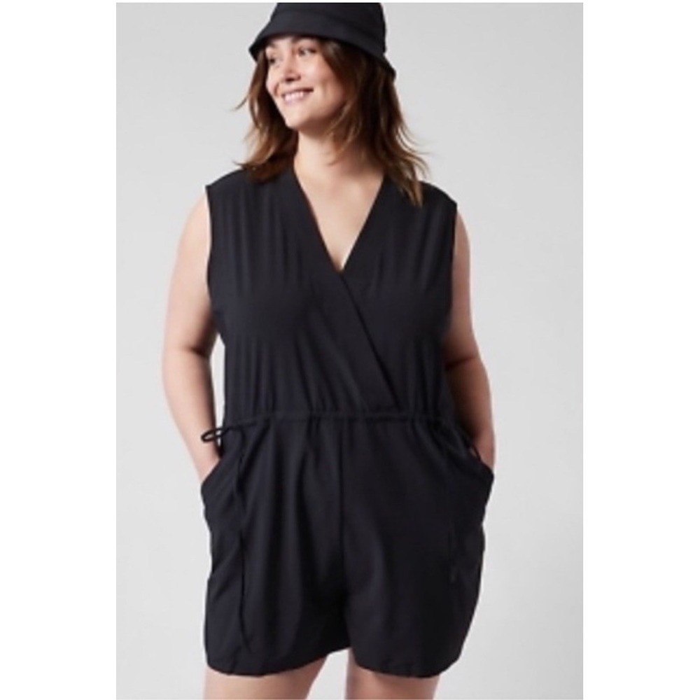Athleta Romper Women 2X Black Marlow Wrap Athleisure Stretch Cinch /Drawstring